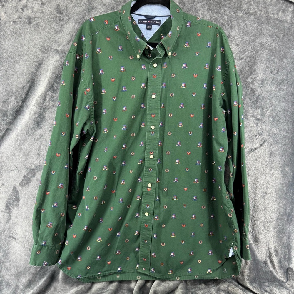 Tommy Hilfiger Vintage Green Logo Button Down Long Sleeve Shirt Size XL